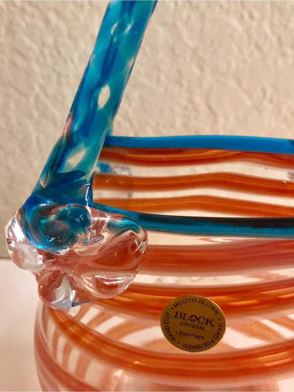 Handblown Glass Purse Vase with Orange Swirl and Blue Handle